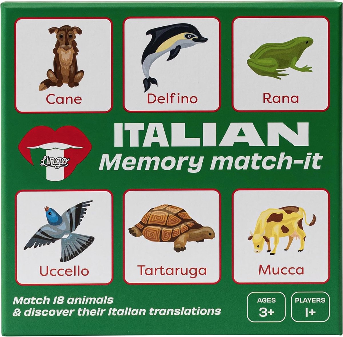 Lingo Italiaanse Memory Match-It | Matching Memory Kaartspel | Educatieve flashcards voor de Italiaanse taal | Leuke woordenschatbouwer 17x17x2cm 95gr